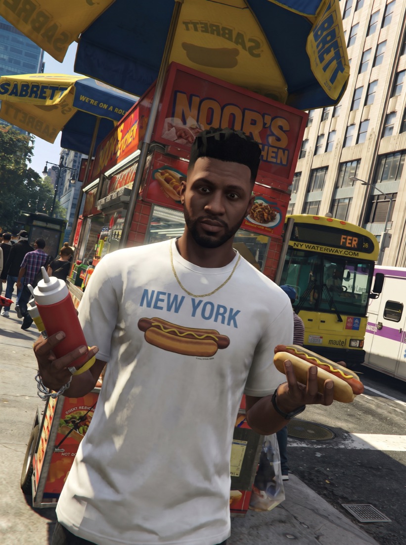 Game-style character holding a hot dog at a New York food cart
