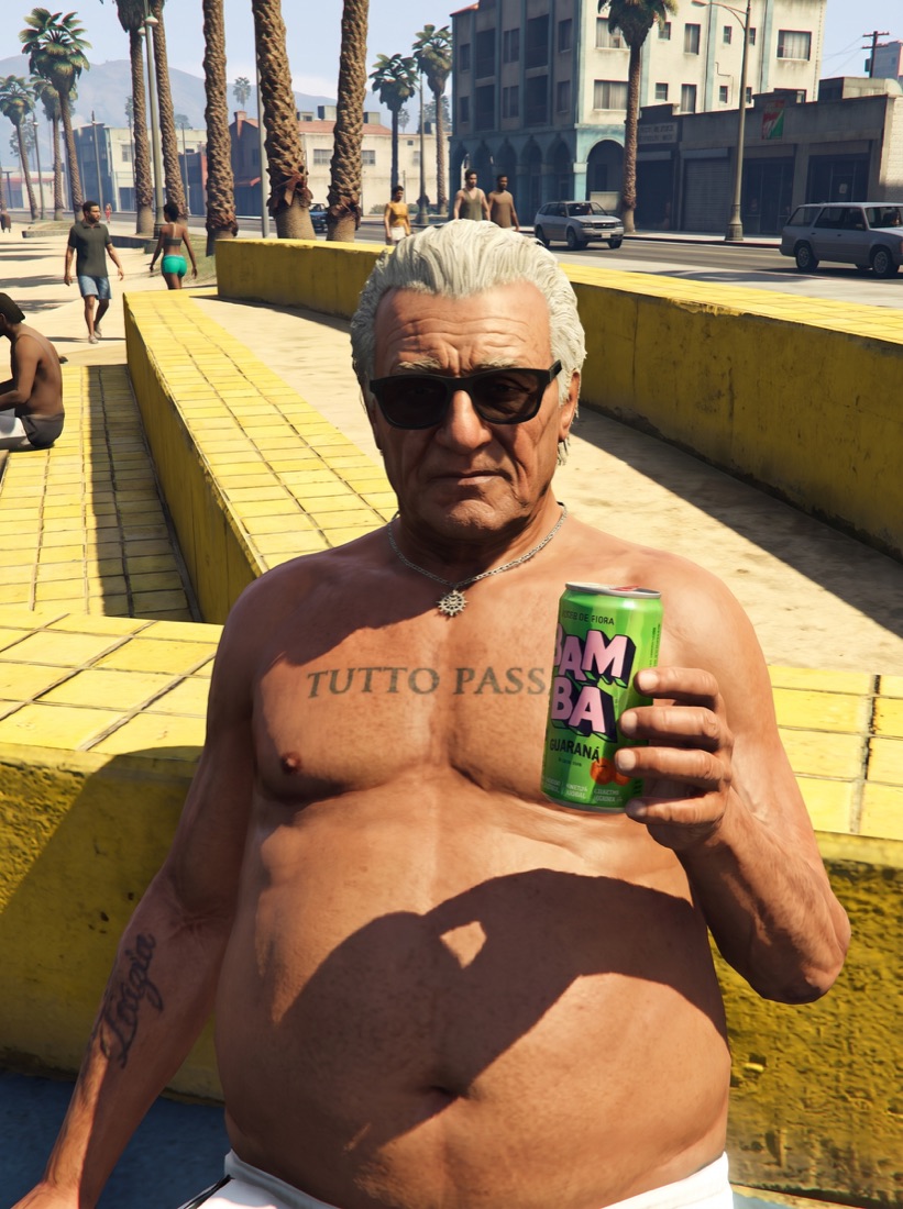 Game-style older character holding a green can near a yellow wall