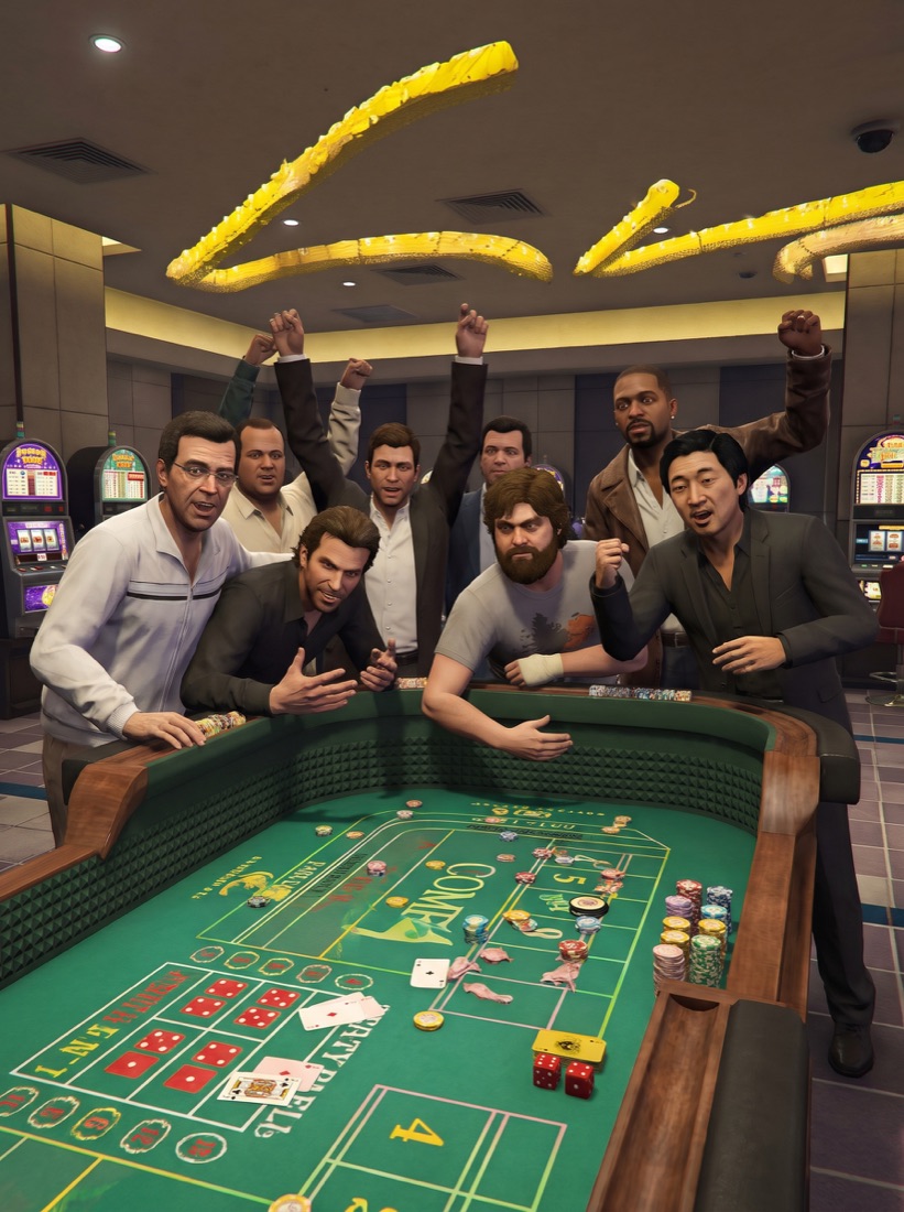 Group of game-style characters around a casino table